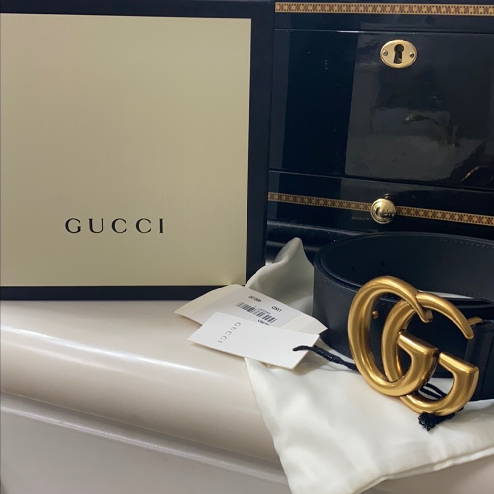 Gucci double G brass buckle black leather 1.5 Belt